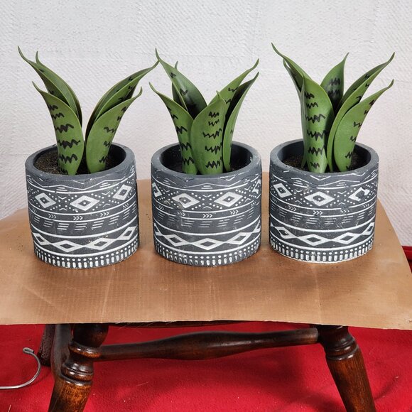 Faux Plants in Grey Tribal Print Faux Cement Pots Set of 3 4"Wx9"H - Picture 3 of 16